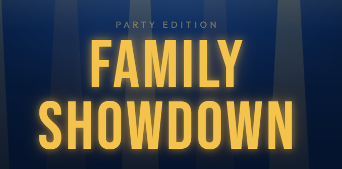 Family Showdown title card — gold lettering on a blue stage backdrop